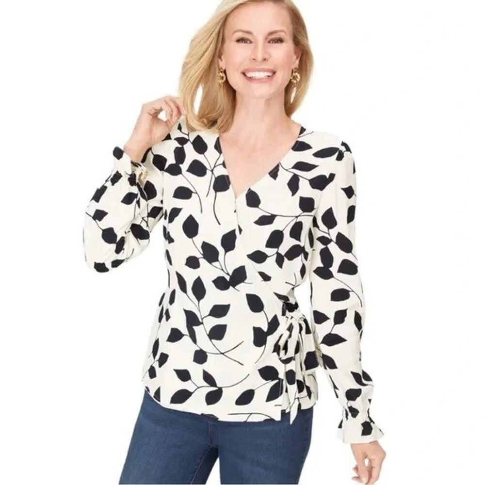 Talbots S Faux Wrap Crepe Blouse White Abstract Black Leaves Side Tie Long Sleev